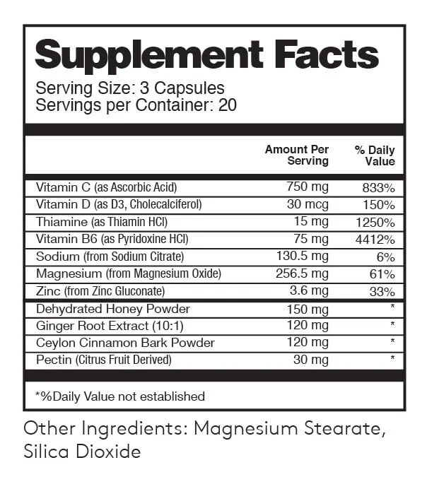 Supplement Facts label for Immune and Respiratory Support: serving size 3 capsules, 20 servings per container