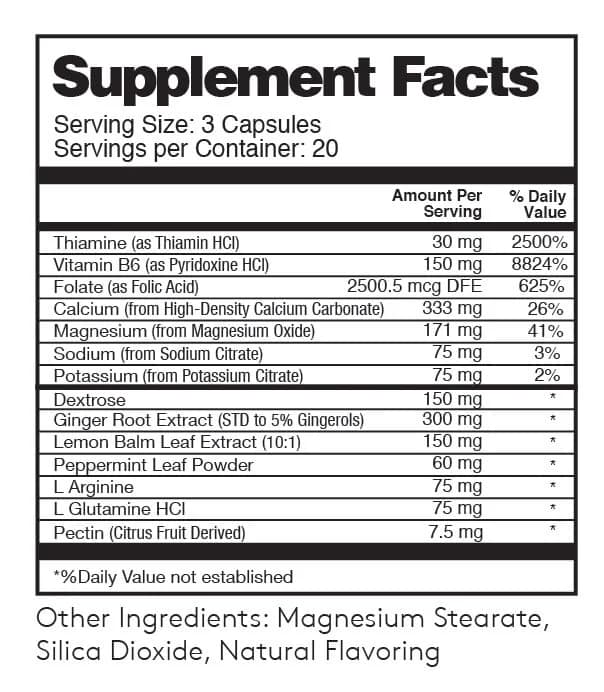 Supplement Facts label for Nausea and Digestive Support: serving size 3 capsules, 20 servings per container